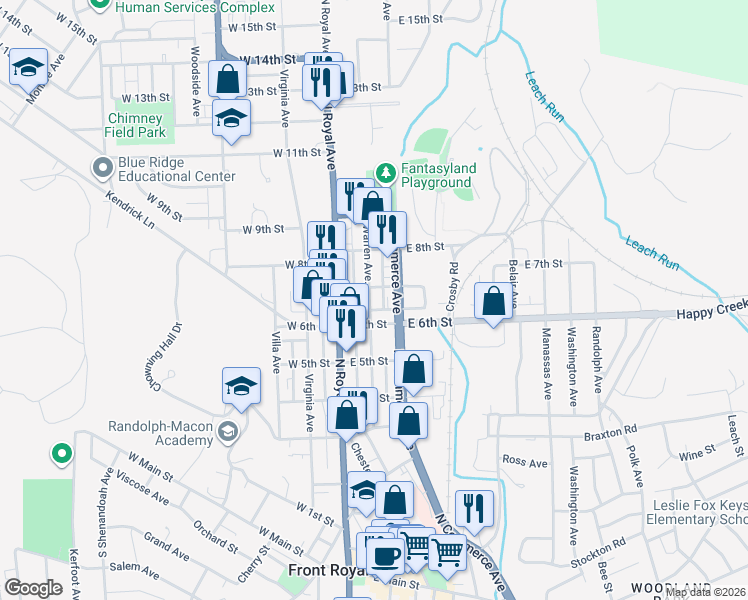 map of restaurants, bars, coffee shops, grocery stores, and more near 600 North Commerce Avenue in Front Royal