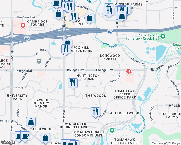 map of restaurants, bars, coffee shops, grocery stores, and more near 4325 West 111th Terrace in Leawood