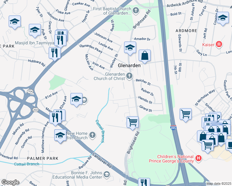 map of restaurants, bars, coffee shops, grocery stores, and more near 2716 Zeek Lane in Glenarden