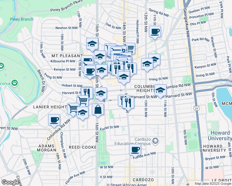 map of restaurants, bars, coffee shops, grocery stores, and more near 1438 Columbia Road Northwest in Washington