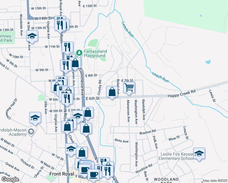 map of restaurants, bars, coffee shops, grocery stores, and more near 615 New Avenue in Front Royal