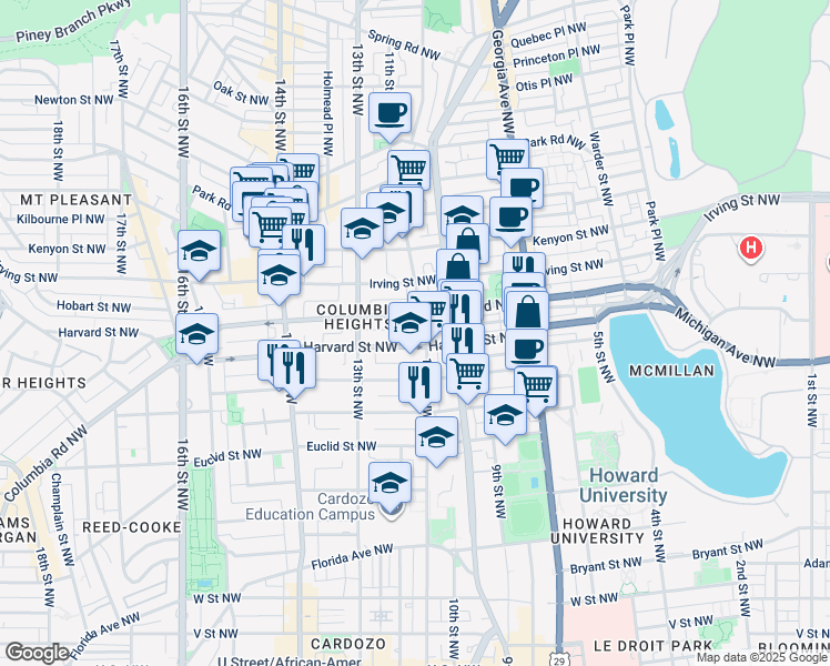 map of restaurants, bars, coffee shops, grocery stores, and more near 2914 11th Street Northwest in Washington