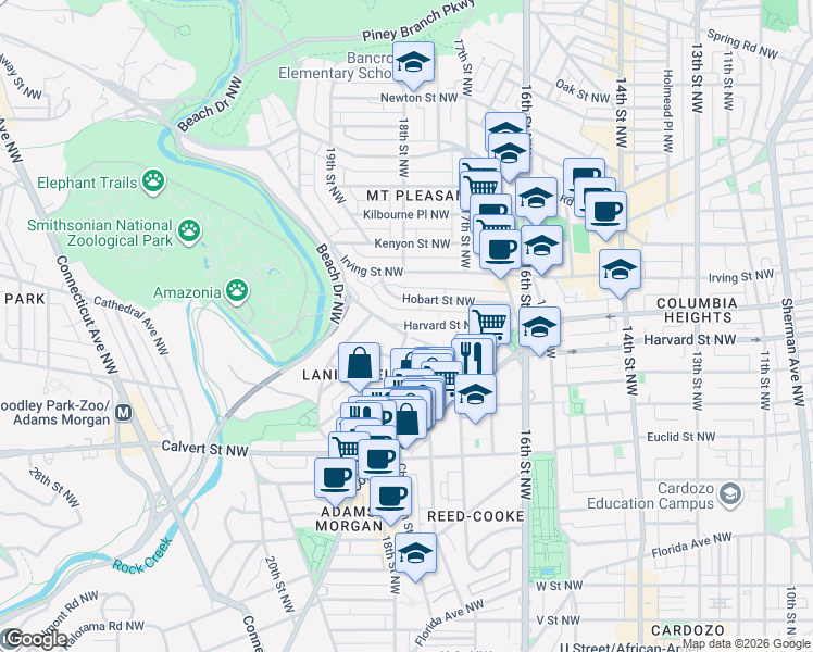 map of restaurants, bars, coffee shops, grocery stores, and more near Harvard St NW & 18th St NW in Washington