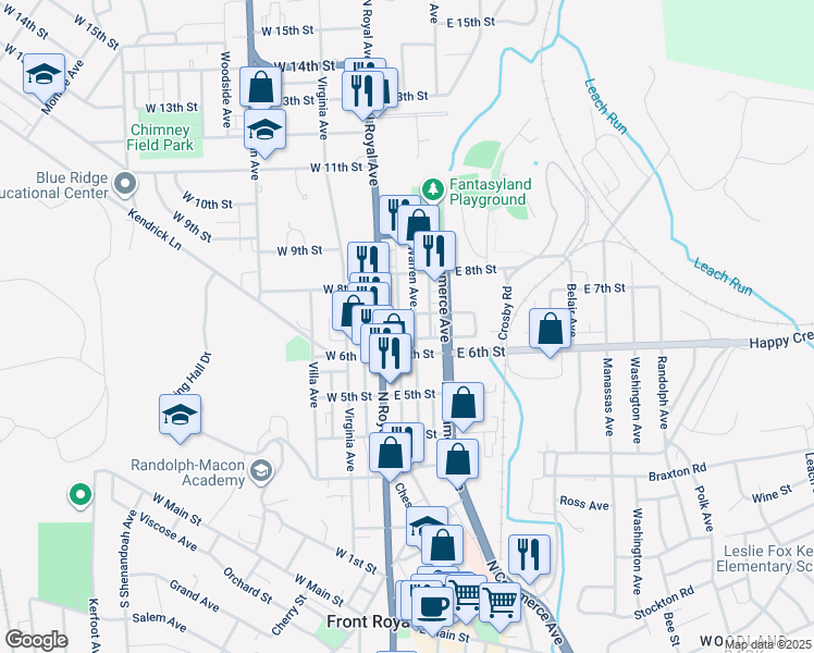 map of restaurants, bars, coffee shops, grocery stores, and more near 624 Warren Avenue in Front Royal