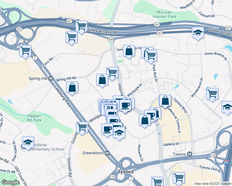 map of restaurants, bars, coffee shops, grocery stores, and more near 8340 Greensboro Drive in McLean