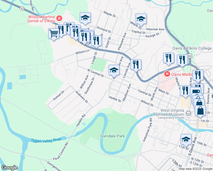 map of restaurants, bars, coffee shops, grocery stores, and more near 308 Robert E Lee Avenue in Elkins