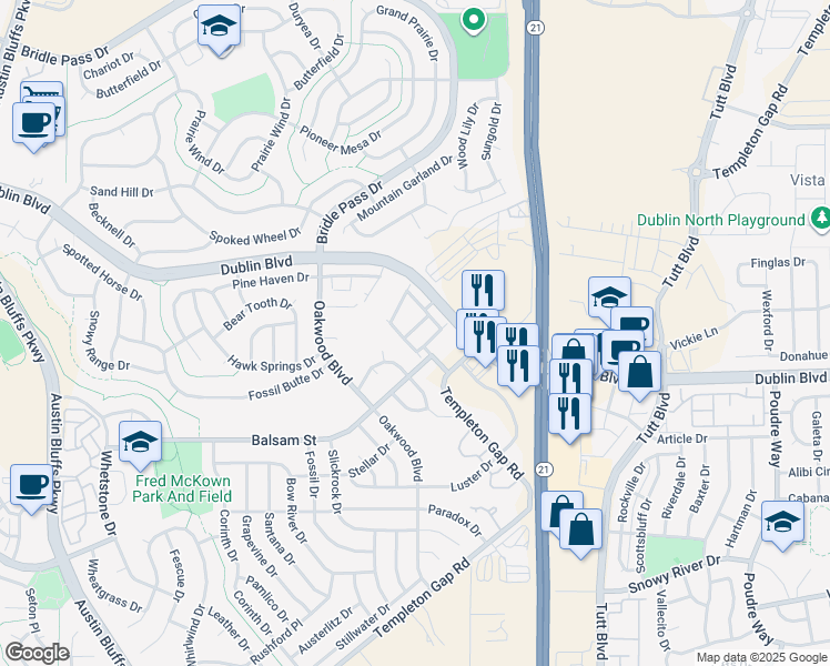 map of restaurants, bars, coffee shops, grocery stores, and more near 5609 Source Way in Colorado Springs
