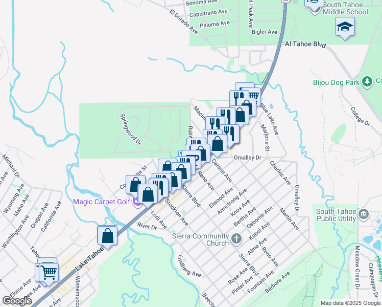 map of restaurants, bars, coffee shops, grocery stores, and more near 2591 Lake Tahoe Boulevard in South Lake Tahoe