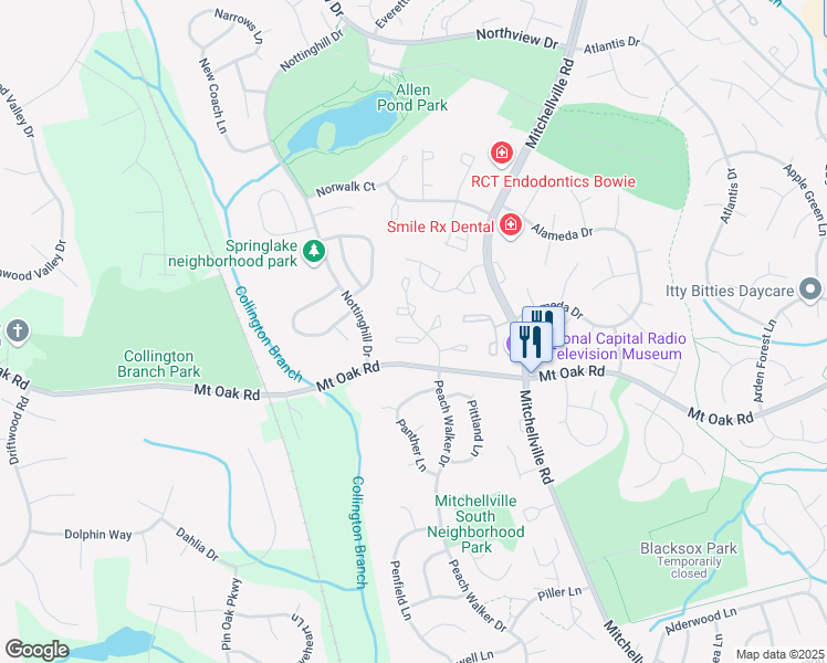 map of restaurants, bars, coffee shops, grocery stores, and more near 15428 Neman Drive in Bowie