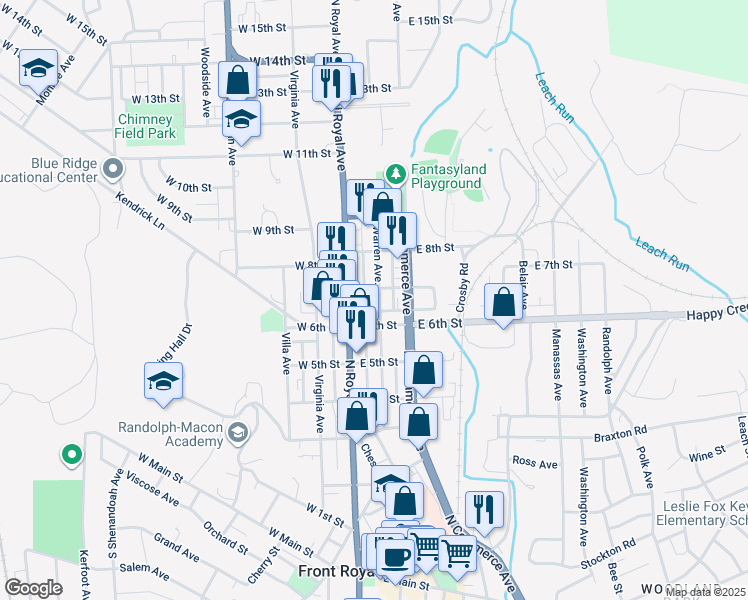 map of restaurants, bars, coffee shops, grocery stores, and more near 624 Warren Avenue in Front Royal