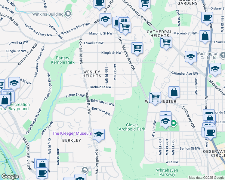 map of restaurants, bars, coffee shops, grocery stores, and more near 4400 Garfield Street Northwest in Washington
