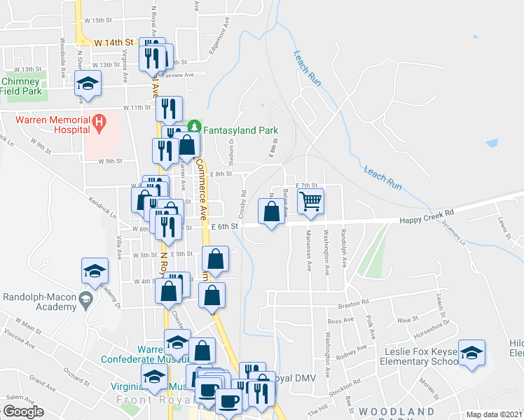 map of restaurants, bars, coffee shops, grocery stores, and more near 624 Midland Avenue in Front Royal