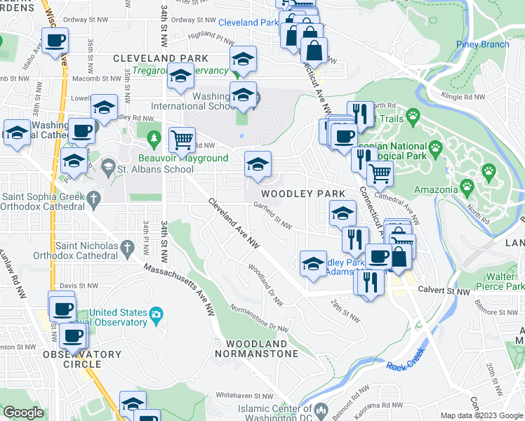 map of restaurants, bars, coffee shops, grocery stores, and more near 2960 Garfield Terrace Northwest in Washington