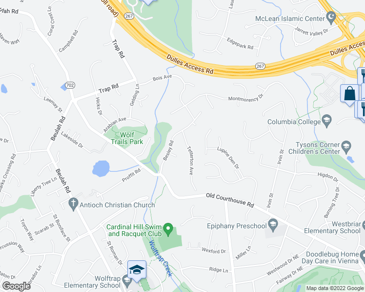 map of restaurants, bars, coffee shops, grocery stores, and more near 9113 Tetterton Avenue in Vienna