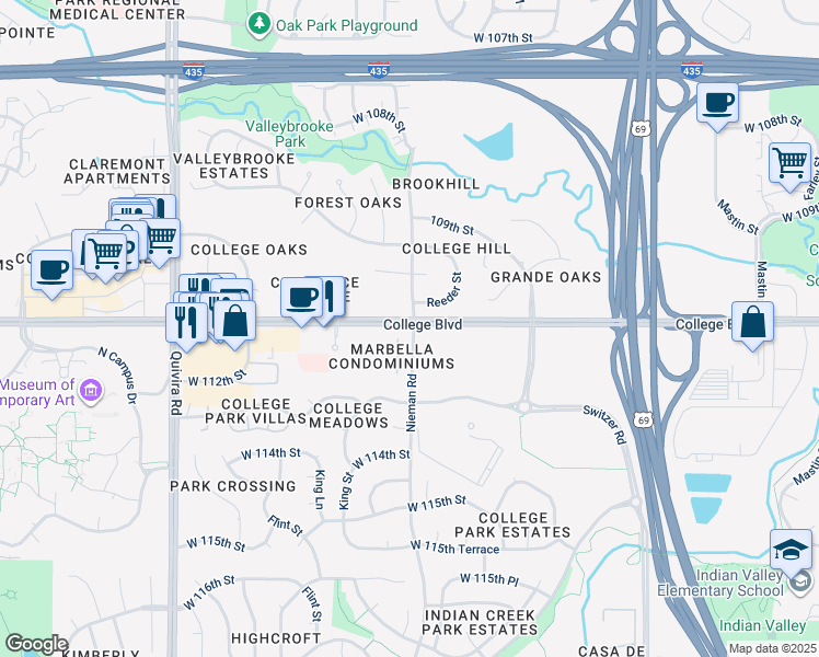 map of restaurants, bars, coffee shops, grocery stores, and more near 11130 Nieman Road in Overland Park