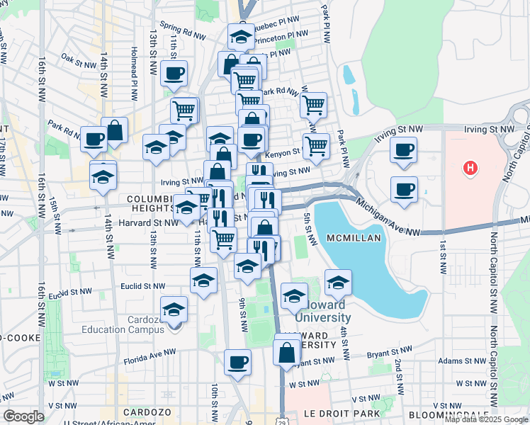 map of restaurants, bars, coffee shops, grocery stores, and more near Georgia Ave NW & Harvard St NW in Washington