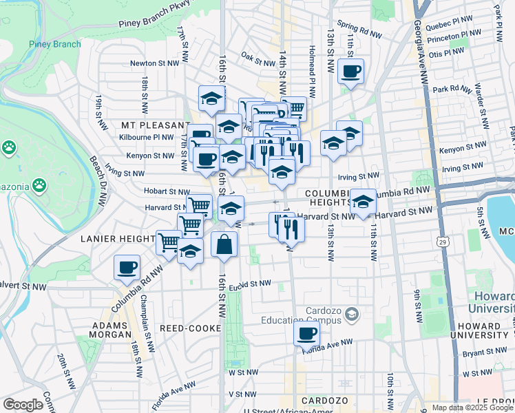 map of restaurants, bars, coffee shops, grocery stores, and more near 1458 Columbia Road Northwest in Washington
