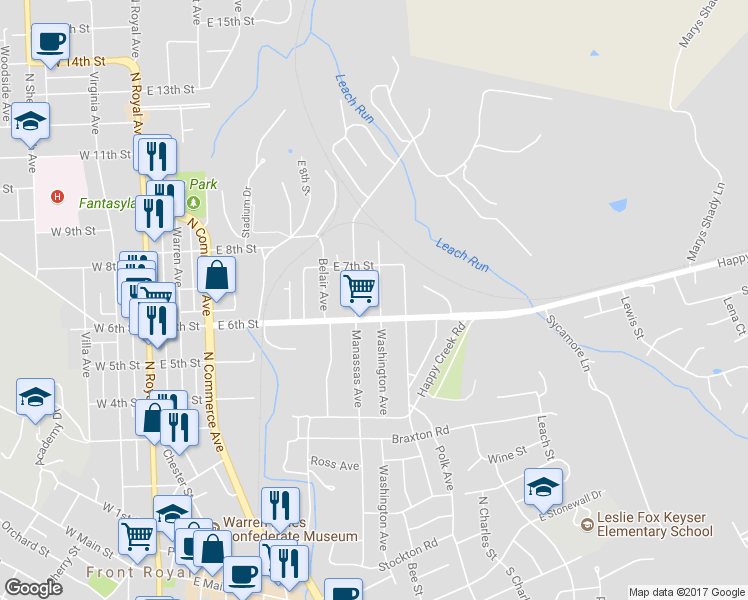 map of restaurants, bars, coffee shops, grocery stores, and more near 614 Washington Avenue in Front Royal