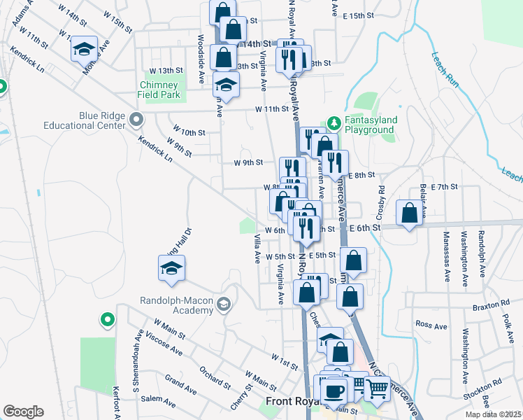 map of restaurants, bars, coffee shops, grocery stores, and more near 615 Villa Avenue in Front Royal