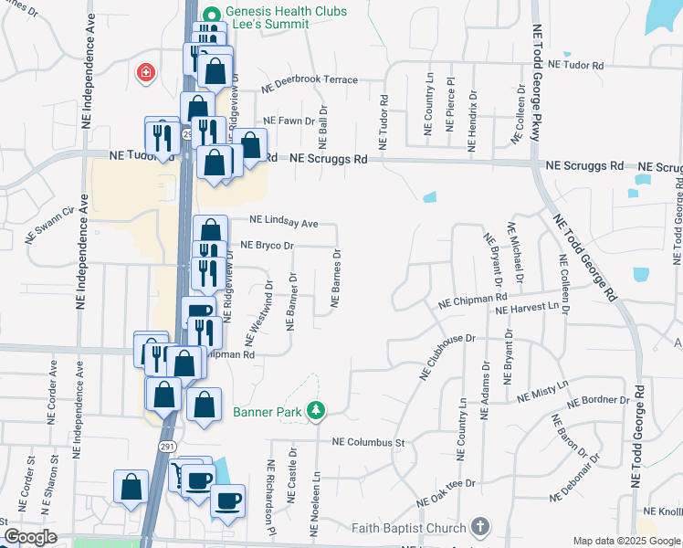 map of restaurants, bars, coffee shops, grocery stores, and more near 1137 Northeast Bryco Drive in Lee's Summit