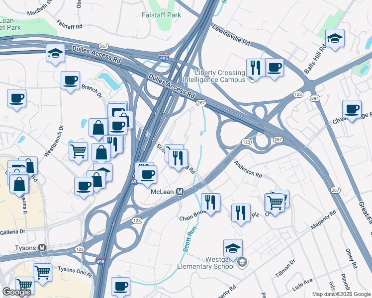 map of restaurants, bars, coffee shops, grocery stores, and more near 1601 Spring Gate Drive in McLean