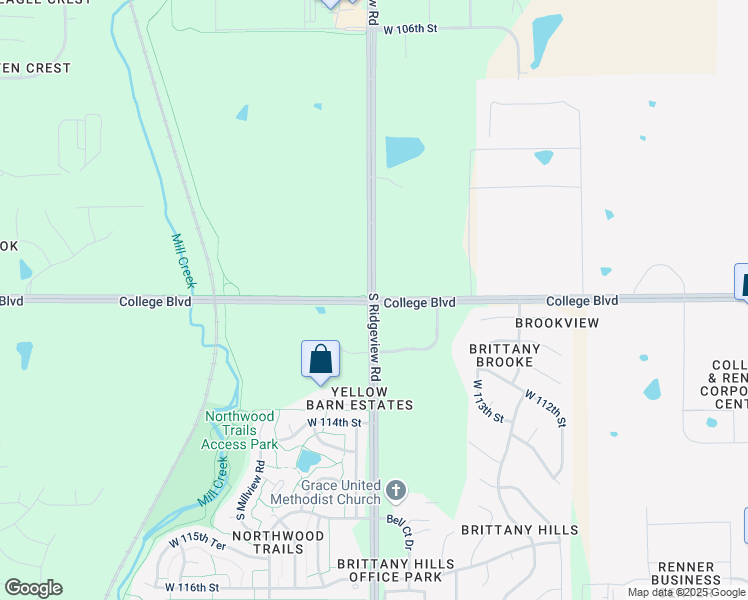 map of restaurants, bars, coffee shops, grocery stores, and more near College Blvd & S Ridgeview Rd in Olathe