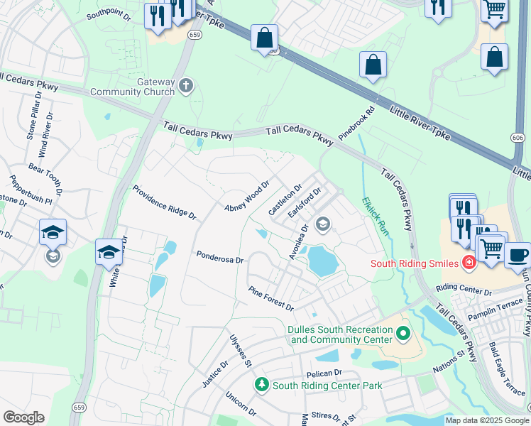 map of restaurants, bars, coffee shops, grocery stores, and more near 24933 Castleton Drive in Chantilly