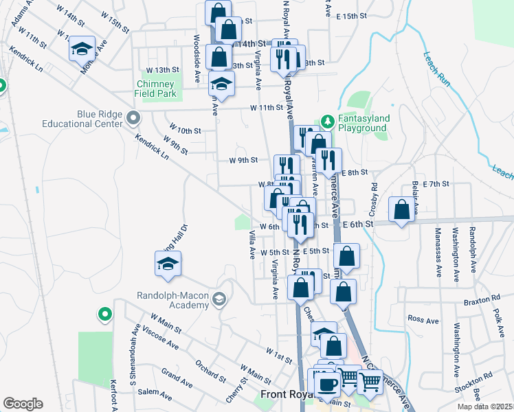 map of restaurants, bars, coffee shops, grocery stores, and more near 615 Villa Avenue in Front Royal