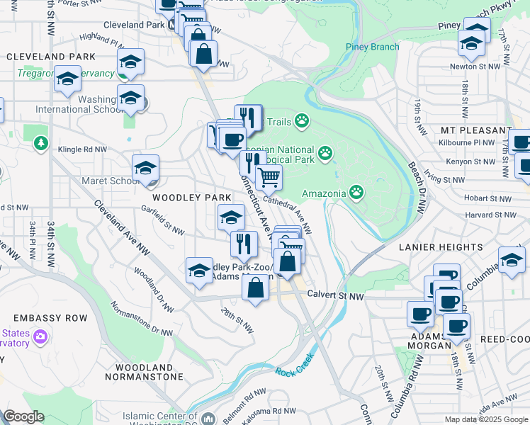 map of restaurants, bars, coffee shops, grocery stores, and more near 2801 Connecticut Avenue Northwest in Washington