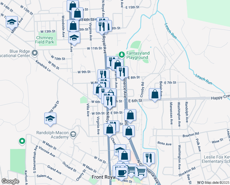 map of restaurants, bars, coffee shops, grocery stores, and more near 630 Warren Avenue in Front Royal