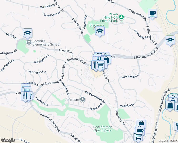 map of restaurants, bars, coffee shops, grocery stores, and more near 215 West Rockrimmon Boulevard in Colorado Springs