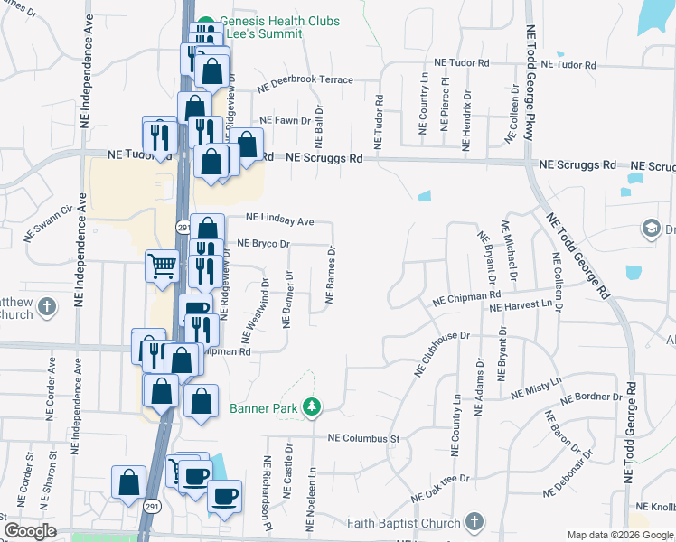 map of restaurants, bars, coffee shops, grocery stores, and more near 1137 Northeast Bryco Drive in Lee's Summit