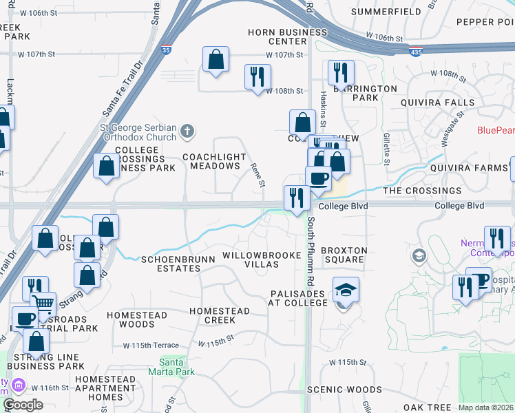 map of restaurants, bars, coffee shops, grocery stores, and more near 13825 College Boulevard in Shawnee Mission