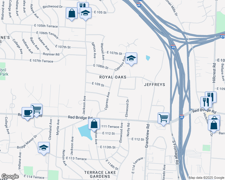 map of restaurants, bars, coffee shops, grocery stores, and more near 10911 Cypress Avenue in Kansas City