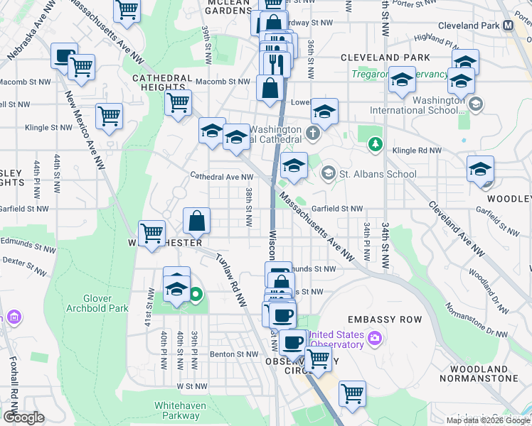 map of restaurants, bars, coffee shops, grocery stores, and more near 2844 Wisconsin Avenue Northwest in Washington