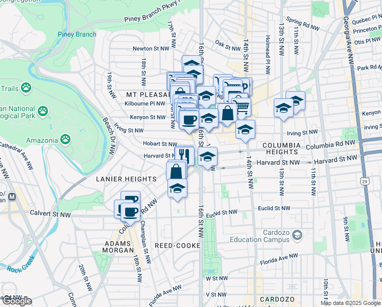 map of restaurants, bars, coffee shops, grocery stores, and more near 1613 Harvard Street Northwest in Washington