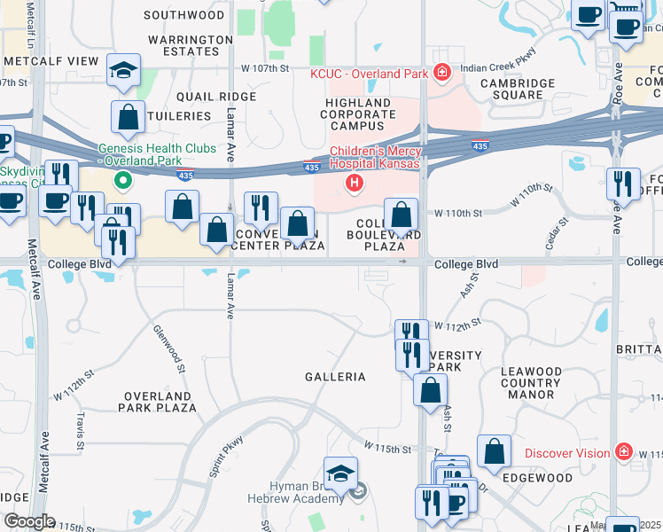 map of restaurants, bars, coffee shops, grocery stores, and more near 5901 College Boulevard in Overland Park