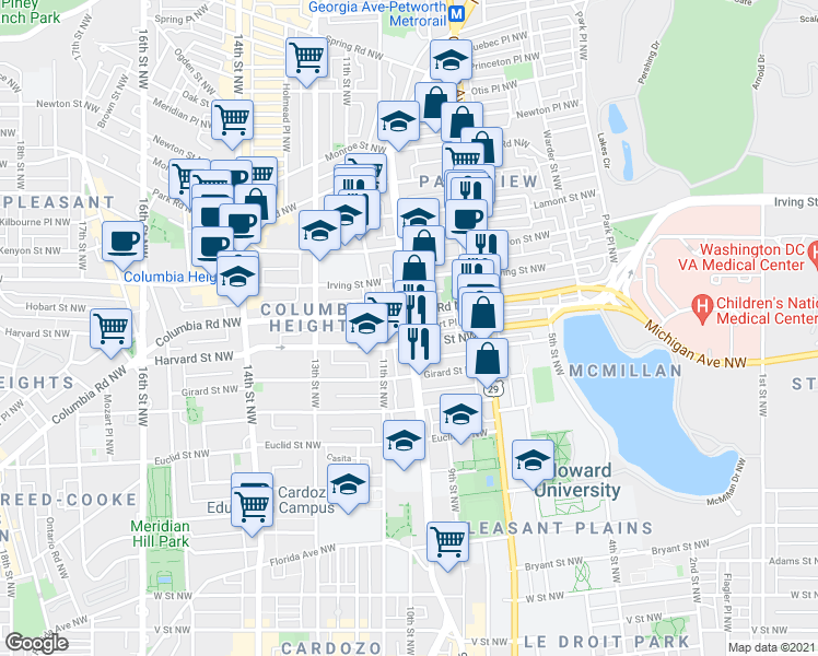 map of restaurants, bars, coffee shops, grocery stores, and more near Sherman Ave NW & Hobart Pl NW in Washington