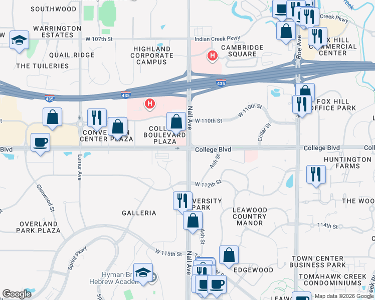 map of restaurants, bars, coffee shops, grocery stores, and more near 11100 Nall Avenue in Leawood