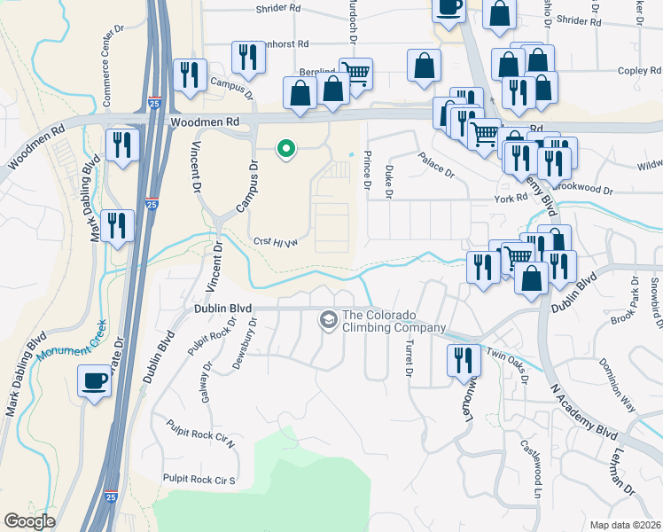map of restaurants, bars, coffee shops, grocery stores, and more near Cottonwood Creek Trail in Colorado Springs