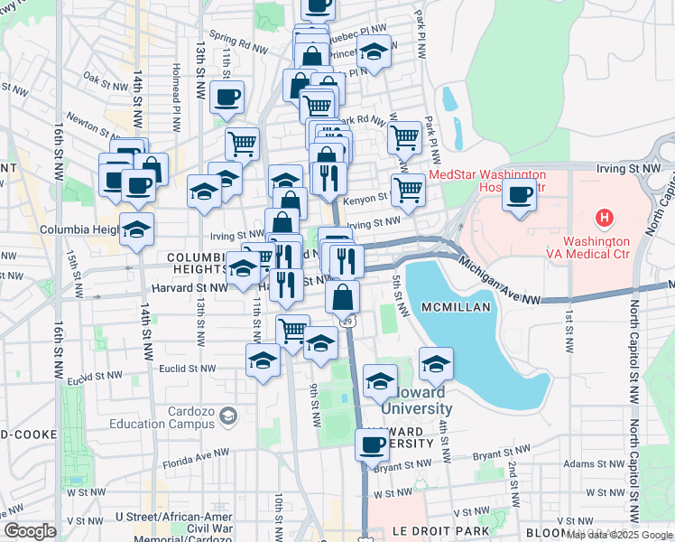 map of restaurants, bars, coffee shops, grocery stores, and more near 2910 Georgia Avenue Northwest in Washington