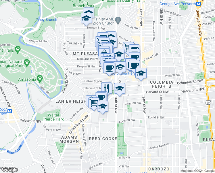 map of restaurants, bars, coffee shops, grocery stores, and more near 1629 Harvard Street Northwest in Washington