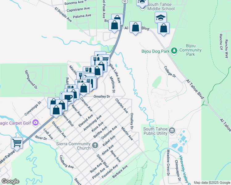 map of restaurants, bars, coffee shops, grocery stores, and more near 1068 Marjorie Street in South Lake Tahoe