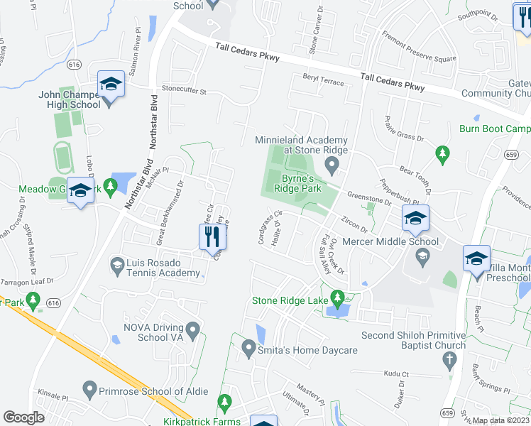 map of restaurants, bars, coffee shops, grocery stores, and more near 24951 Big Belt Court in Aldie