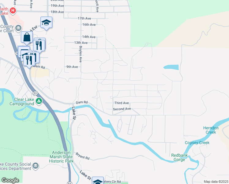 map of restaurants, bars, coffee shops, grocery stores, and more near 14155 5th Avenue in Clearlake