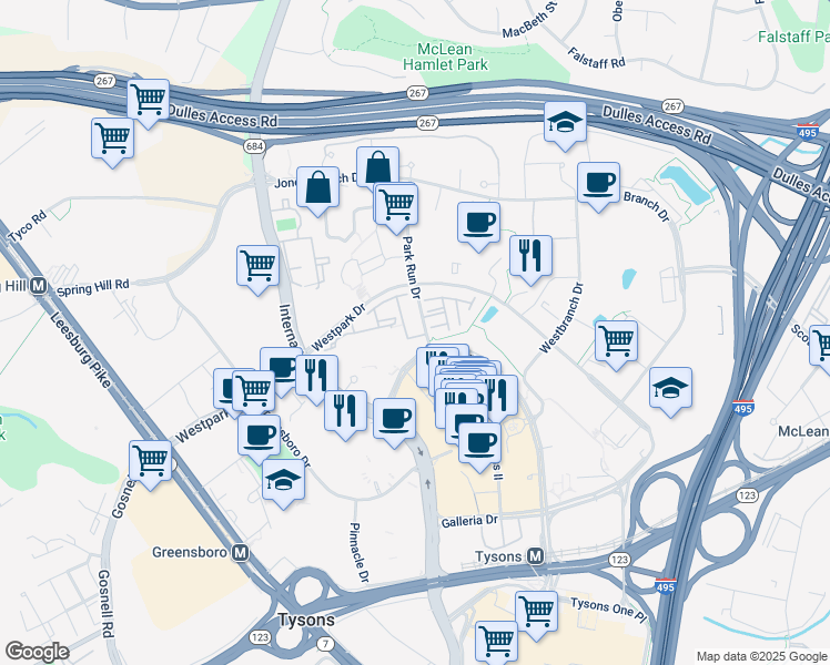 map of restaurants, bars, coffee shops, grocery stores, and more near 1569 Onyx Drive in Tysons