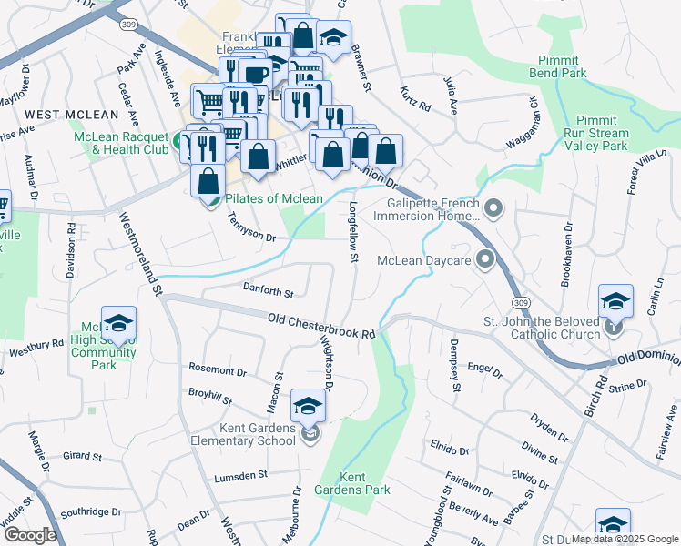 map of restaurants, bars, coffee shops, grocery stores, and more near 1529 Wrightson Drive in McLean