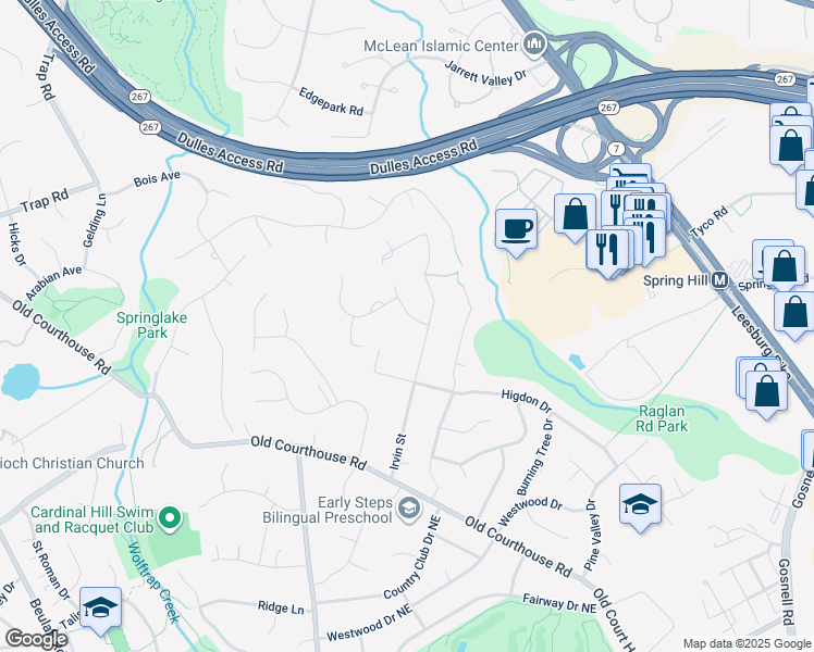 map of restaurants, bars, coffee shops, grocery stores, and more near 1610 Ashgrove Meadows Way in Vienna