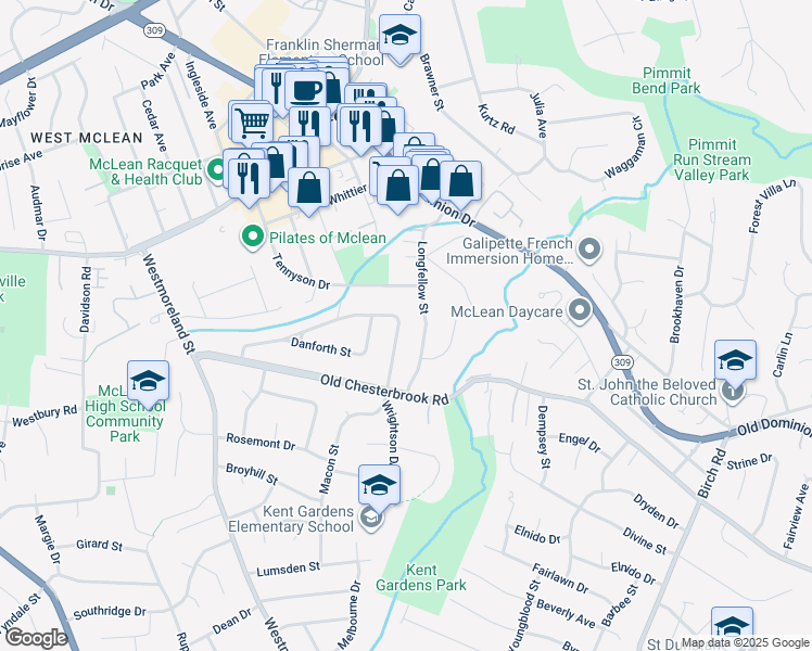 map of restaurants, bars, coffee shops, grocery stores, and more near 1529 Wrightson Drive in McLean
