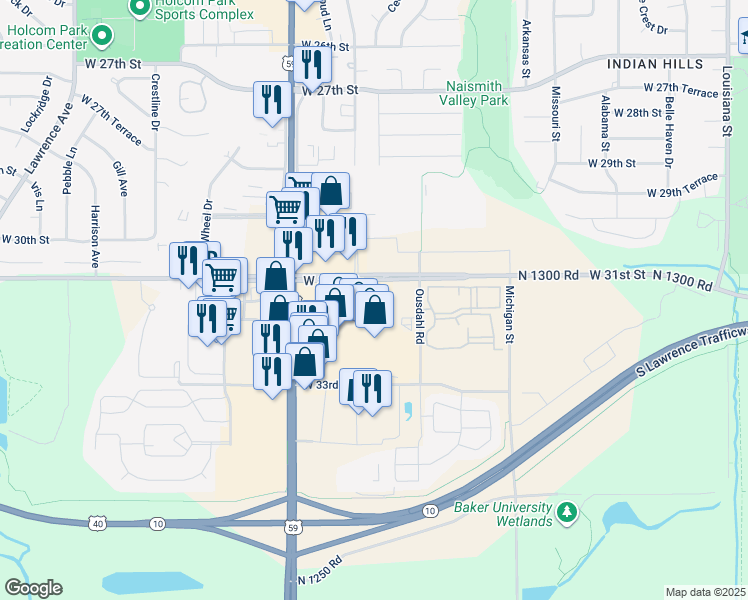 map of restaurants, bars, coffee shops, grocery stores, and more near 1901 West 31st Street in Lawrence